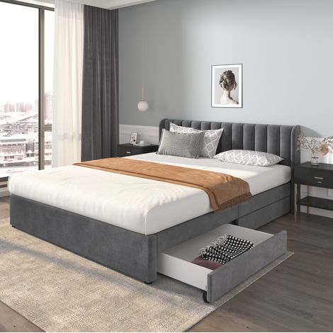 Bett 180x200 cm modern in grauem Samt mit hohem Kopfteil, Lattenrost und 2 Schubladen (1/5)