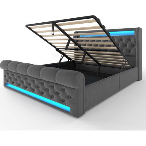 Gepolstertes Doppelbett 140x200 cm mit LED, Stauraum und USB-C, Grau (1/5)