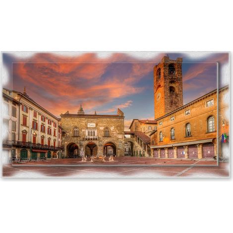 Lupia - Quadro moderno su Tela con Cornice stampata NEWEXT 75x135 cm, paesaggi localismi italiani, per casa soggiorno capezzale camera da letto hotel ufficio, BERGAMO PIAZZA VECCHIA (1/4)