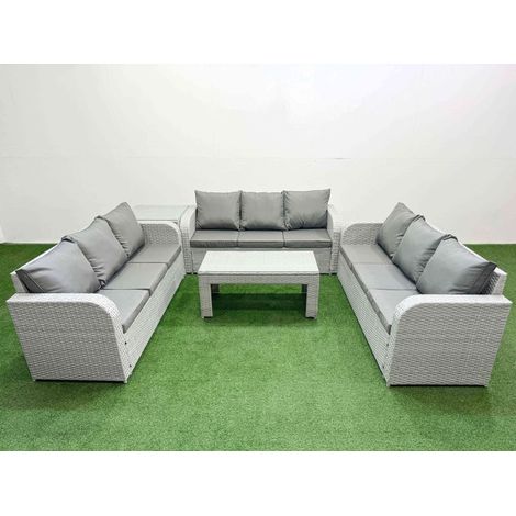 Fimous PE Rattan Lounge Sofa Set 9 Seater Outdoor Garden Furniture Set with Oblong Coffee Table 3 Seater Sofa Side Table Light Grey (1/4)