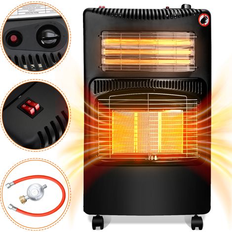 Randaco Gasheizung Gasheizer Gasheizofen Heizstrahler 4.2 KW Gas Kamin inkl. Regler + Schlauch + DE zu EU Adapter 3 und 4 Gasheizstrahler Butan- oder Propangasflaschen bis 15kg Schwarz (1/5)