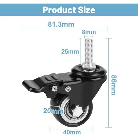 LALAGO 4er-Set Lenkrollen mit Bremse M8×25 mm, 40 mm Lenkrollen mit Bremse, Möbelrollen, Gewinderollen, 50 kg Tragkraft pro Rolle (1/4)