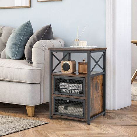 Table de Chevet Industrielle à 2 Compartments et 2 Étagères Bout de Canapé Cadre Métal Table d'Appoint pour Chambre 60,5 x 40 x 35 cm Maison Chic (1/4)