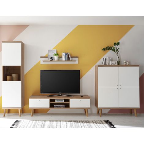 Wohnzimmer Wohnwand-Set mit Lowboard MAINZ-61 weiß matt mit Eiche Riviera Nb. Retro-Stil B/H/T ca. 337x197x40cm (1/5)