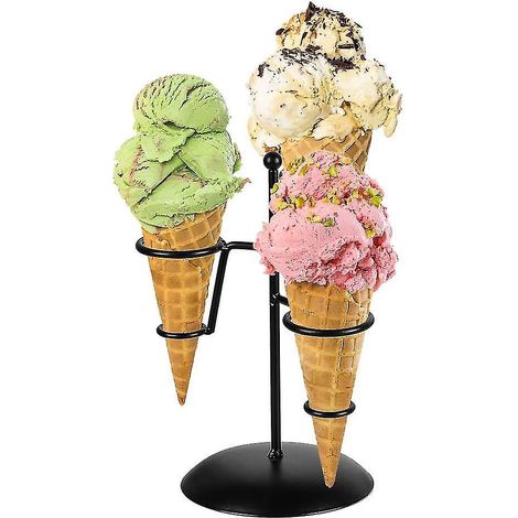 Présentoir à cornets de glace en fer noir avec base à 3 trous pour présenter granités, sushis, rouleaux de printemps, popcorn, bonbons, frites, sucreries et amuse-gueules salés. (1/5)