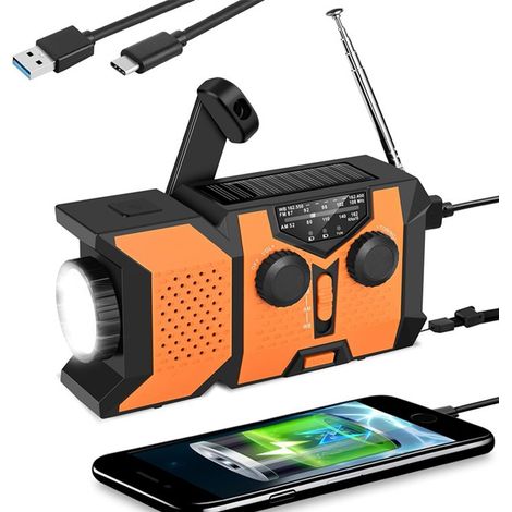 Radio d'urgence portable AM/FM/WB : Recharge solaire/manuelle, lampe torche LED, alarme SOS, power bank 2000mAh,éclaboussures,Orange (1/5)