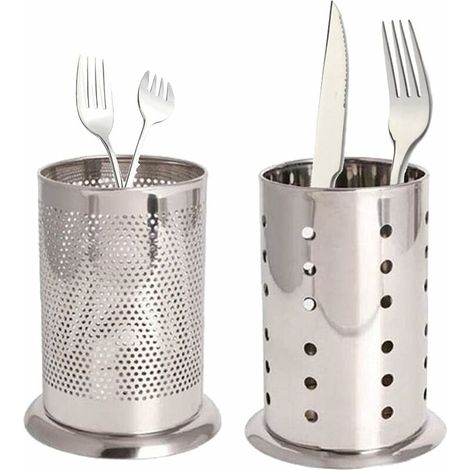 DEESSE SHOP - Porte-ustensiles en acier inoxydable argenté panier cuillère égouttoir à couverts porte-ustensiles de cuisine rond porte-couverts pour le stockage des baguettes baguettes en acier inoxyd (1/5)