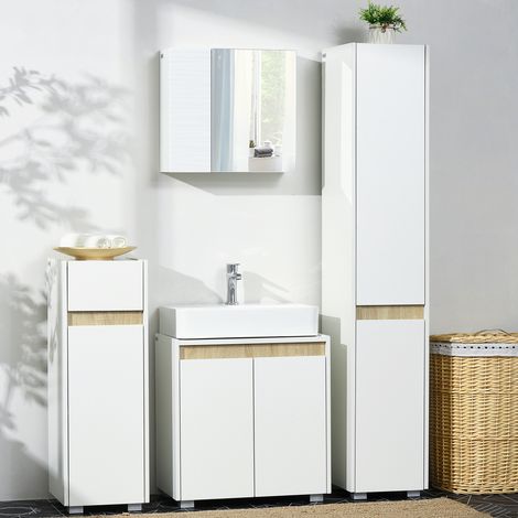 Armoire blanche murale salle de bain 45x48x15 cm, miroir inclus, en verre et panneau particules, 4 étagères réglables. (1/5)