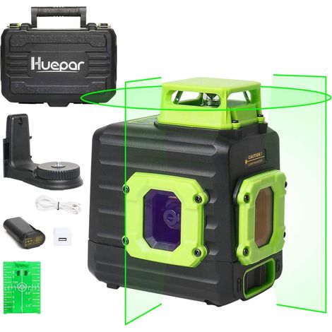 Huepar Laser a linea incrociata con batteria agli ioni di litio, livella laser autolivellante verde multilinea a 360°, batteria agli ioni di litio con porta di ricarica di tipo C, custodia rigida incl