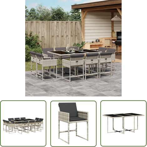 The Living Store 11-tlg. Garten-Essgruppe mit Kissen Hellgrau Poly Rattan - Gartenmöbel - Essgruppe - Outdoor Möbel - Terrassenmöbel - Rattan Gartenmöbel (1/5)