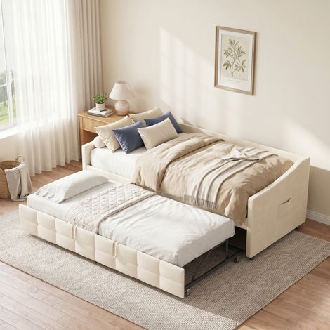 Canapé convertible, Banquette lit gigogne 90x200 cm, Canapé-lit avec lit d'appoint extensible, Velours, Poches latérales, Design matelassé, Beige (1/5)
