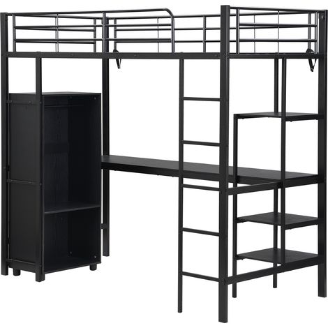 Metall-Hochbett in Schwarz 90x200 cm mit Schreibtisch, Schrank und Stauraum (1/5)