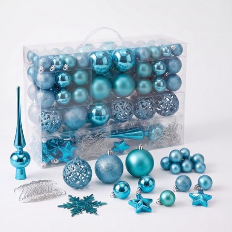 Kunststoff Christbaumkugel Set 111-teilig bruchsicher - türkis - Design Weihnachtskugeln inklusive Metall Haken