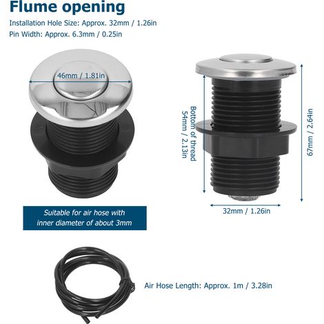 Ortviai Interrupteur pneumatique pour broyeur de déchets alimentaires et baignoire à bulles – Bouton inox 32 mm, tube air 1 m (1/4)