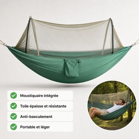 Hamac avec Moustiquaire 260 x 140 cm Toile Vert Fonce - Hamac de Camping Double Anti-moustique (1/5)