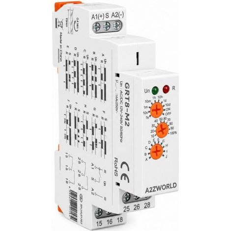 Relè Temporizzato Multifunzione Modulare, AC/DC 12V 24V 220V, 2 Scambi SPDT 16A, 10 Funzioni, Timer 0,1s-10 Giorni, 1 Modulo DIN, GRT8-M2-W240