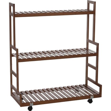 [NEUWERTIG] Bambus Pflanzenregal HHG-372, Blumentreppe Blumenständer Pflanzentreppe, 3 Ablagen Rollen 105x90x38cm braun