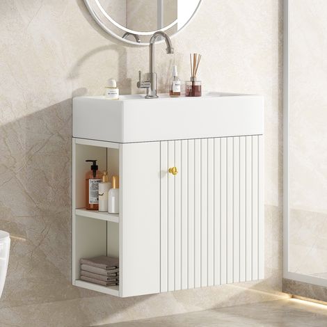 Lavabo 55x31x66 cm, avec meuble de rangement, étagères latérales, motif en relief, MDF, poignées en métal, suspendu, meuble de salle de bain - Blanc (1/5)