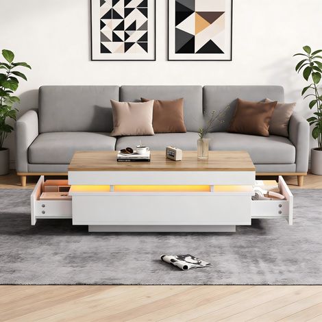 Table basse 100 x 50 x 35 cm avec 2 tiroirs, table d'appoint LED laquée brillante, table à thé, console, table de salon, table basse, blanc et bois. (1/5)