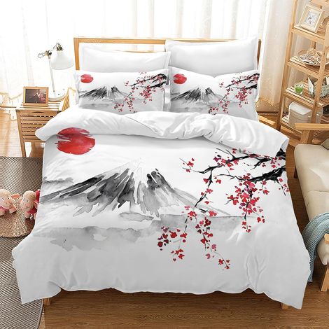 Fleurs De Cerisier Housse de Couette Parure de Lit en Microfibre Motif Japonais Sakura Housse de Couette avec Fermeture Éclair + 2 Taies d'oreiller 50x75 cm (AA1, 135x200cm) (1/5)