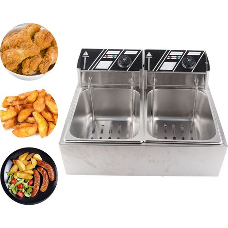Freidora eléctrica profesional con doble depósito de 6 litros de capacidad, 1,7 kW, de acero inoxidable, con 2 bandejas para cocina/restaurante. (1/5)
