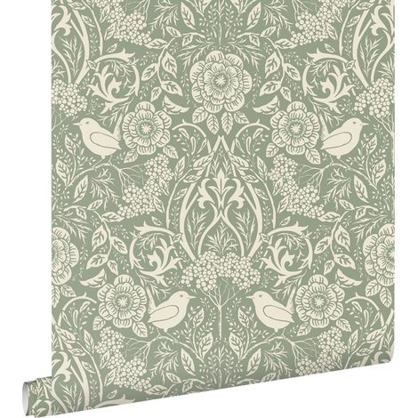 papier peint fleurs et oiseaux de style art nouveau vert turquoise grisé - ESTAhome (1/5)