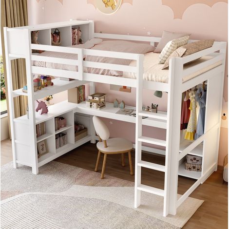 Cama alta infantil con escritorio y armario blanca OKMYHOME (1/5)