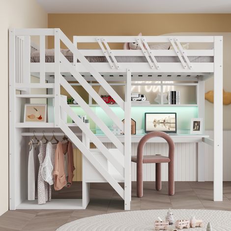 Lit Élevé 140x200cm - Avec Bureau, LED & Étagères - Pour Enfant, Ado, Chambre - Blanc (1/5)