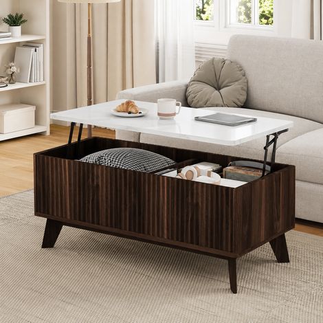 Table Basse Relevable avec Rangement Caché, Plateau imitation Effet Marbre Blanc, Vérin Hydraulique Silencieux, Noyer (1/5)