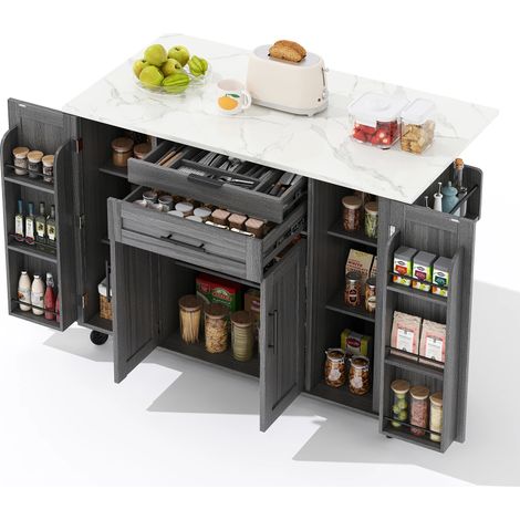 Îlot Central Cuisine Mobile,Desserte de cuisine avec Plan de travail extensible,Tiroir à couverts dissimulé et Étagères réglables,136×45(70)×92cm-Gris