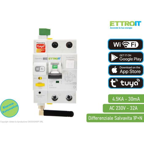 ETTROIT Magnetotermico Differenziale 1P+N Tuya Smart Wi-Fi RCBO 32A 30ma 6Ka SKU ESR3532