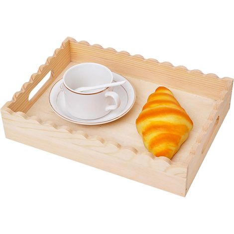 Plateau en bois à bord festonné 30x20x6 cm, boîte de service en bois de pin avec poignées, plateau de rangement décoratif pour fruits, pâtisseries et accessoires (1/5)
