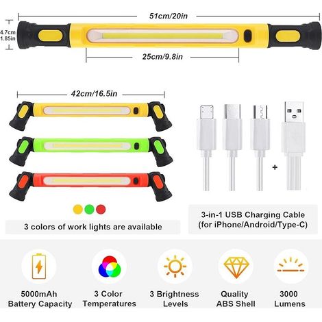 Lampe Mecanicien Baladeuse LED Rechargeable Atelier Travail Mecanique Auto Capot Voiture 5000mAh Portable COB Lumiere Rampe avec Crochets et Base Magnétique pour Réparation, Garage, Atelier[Jaune] (1/5)