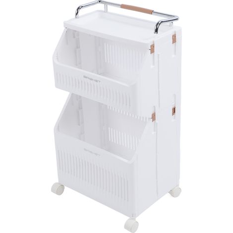 Chariot de rangement roulant pliable 2 niveaux multifonction avec 4 roues et freins, panier linge PP ABS pour salle de bain cuisine chambre (1/5)