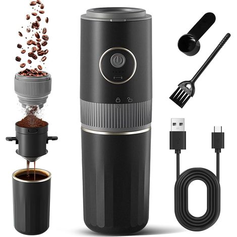 Moulin à café électrique portable sans fil à meules coniques, 3 en 1 broyeur conique 1500mAh, 9 mouture réglable, filtre en acier inoxydable et tasse isotherme pour les voyages, le camping (1/5)