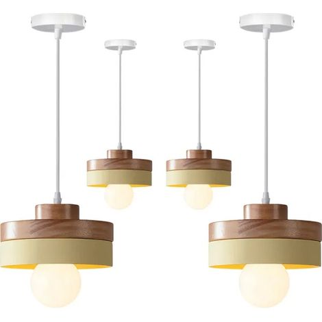 4pcs Lampe Suspension Moderne,18cm Lustre Vintage Industriel E27 Suspension Luminaire Abat-jour en Bois Design Rond,Jaune (1/5)