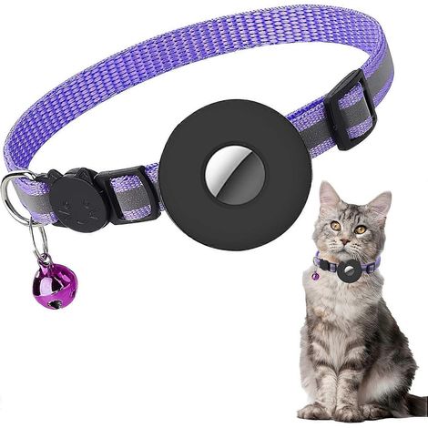 Collier pour chat Airtag compatible, collier réfléchissant avec clochette et boucle de sécurité, support Airtag étanche, réglable de 22 à 35 cm (violet) (1/5)