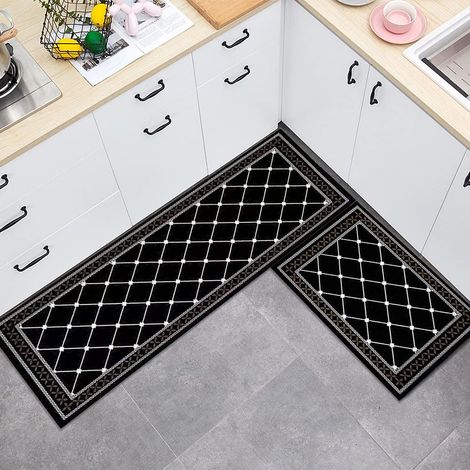 Youyijia 2-Piece Rug Set Non-Slip Kitchen Mat Rug Set Washable Kitchen Mats and Rugs Hallway Runner Set for Dining Room Entryway 59 40cm+39.5 119cm (Black and white rhombus) (1/5)