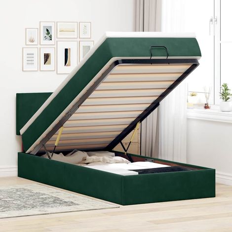 Cama otomana con colchón y LED terciopelo verde oscuro 90x200cm (1/5)