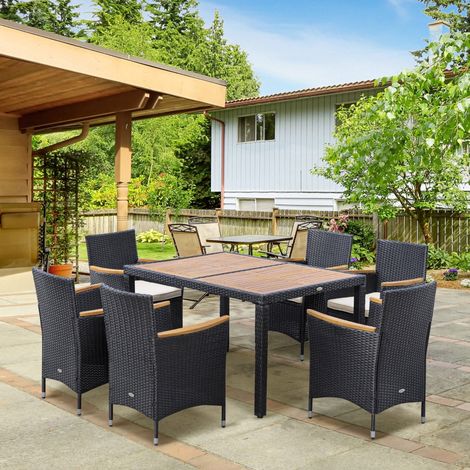 Outsunny Ensemble salon de jardin 6 personnes grande table à manger rectangulaire + 6 fauteuils & coussins lavables acier résine tressée PE bois d'acacia noir et beige (1/5)