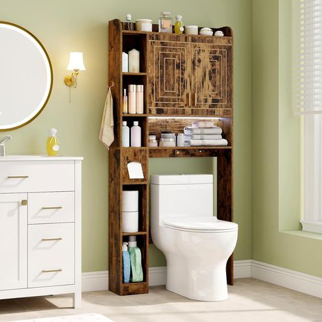 Costway – Meuble WC avec éclairage LED – Placard 2 portes et 6 compartiments – Étagère réglable pour salle de bains – Design marron rustique