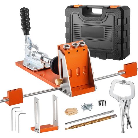 Kit de gabarit à trous inclinés, réglable 12,7–38,1 mm, avec coffret, serre-joint en C, foret étagé, clé hexagonale, butée de perçage, embout carré, cadre renforcé en métal – pour menuiserie. (1/5)