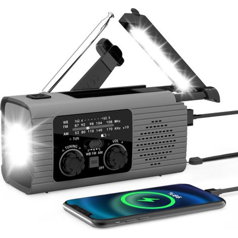 Radio portable – Radio d'urgence solaire à manivelle – Multifonction – Batterie 2000 mAh – Lampe torche – Grise – ABS