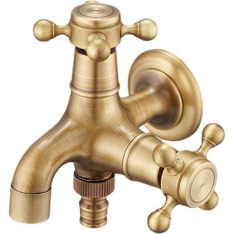 Wall-mounted brass garden tap, double spout, frost-proof design, durable and weather-resistant. (1/5)