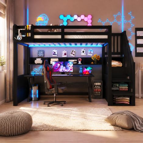Letto a castello per bambini 90x200 cm con scala contenitore, LED e armadio, nero OKMYHOME (1/5)