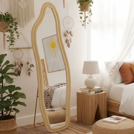 Standspiegel 160x50 cm, asymmetrisch geschwungene Form, Samtkante, Standspiegel mit Halterung, Wandbefestigung möglich, Gold