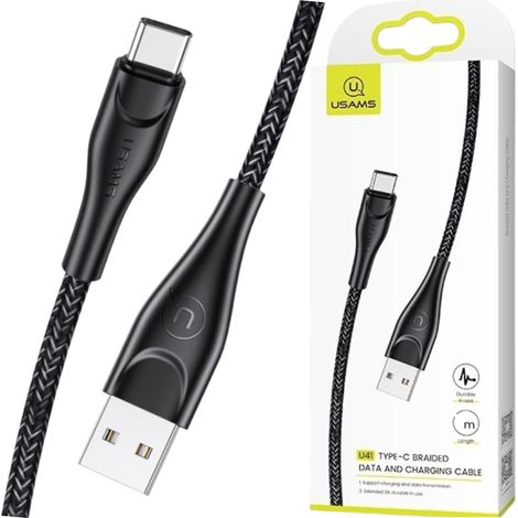 Usams Geflochtenes Kabel U41 USB-C 1m2A Schwarz/Schwarz SJ392USB01 (US-SJ392) Schnellladefunktion (1/2)