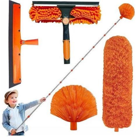 Plumeau Telescopique 6m, Tete De Loup Telescopique avec Extension RéGlable 1,5 à 4,9 m, Balai AraignéE Tete De Loup Telescopique, Tête en Microfibre Télescopique, Raclette de Fenêtre avec Grattoir (1/5)