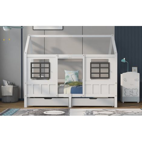 Kinder Hausbett Weiß aus Massivholz 90x200 cm mit seitlichen Fenstern und 2 Schubladen (1/5)