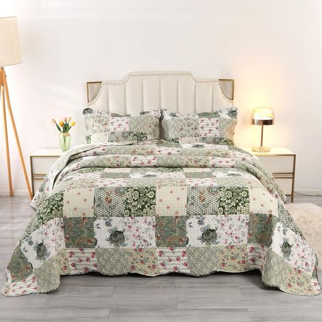 Couvre-lit Patchwork de Style américain à Motif Floral, Couvre-lit matelassé en Polyester léger et Respirant, Couverture matelassée (Vert, 230x260cm) (1/5)